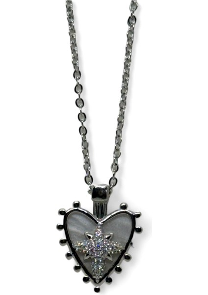 Gümüş Renk Beyaz Sedef Kalp Kutup Yıldızı Model Sf Zincir Çelik Kolye- 3772 fiyatları