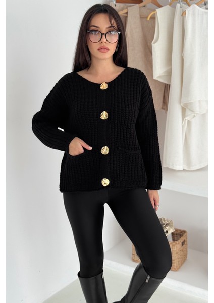 Kadın Altın Düğmeli Dokulu Örgü Hırka – Zarif & Vintage Dokunuş indirimleri