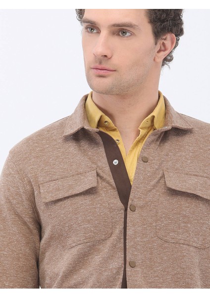 Kahverengi Regular Fit Keten Karışımlı Overshırt