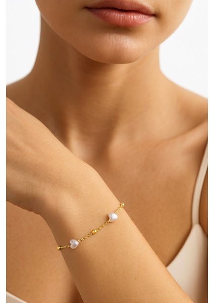 Altın Renk Kalp Inci Zincir Asansör Çelik Bileklik - 3592