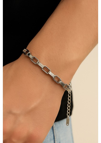 Gümüş Renk Küp Zincir Unisex Çelik Bileklik - 3340