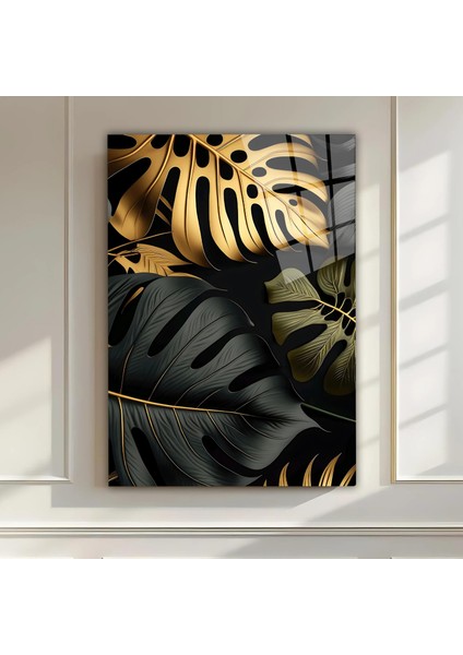 Altın Siyah Monstera Yaprak Cam Tablo | Tropikal Bitki Desenli Modern Duvar Dekoru | Minimal Lüks Tasarım