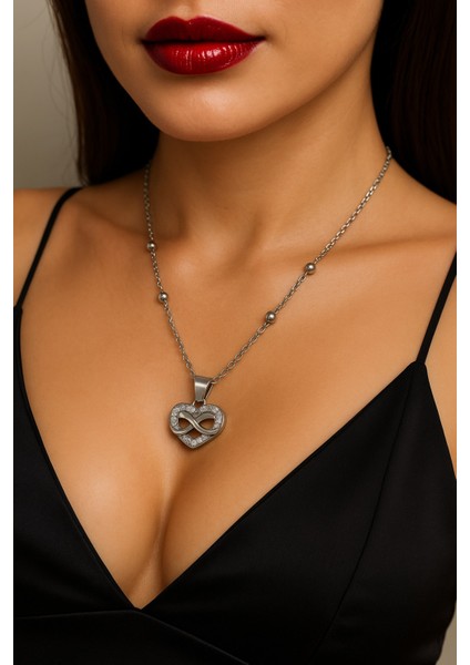 Gümüş Renk Sonsuzluk Kalp Model Top Zincir Çelik Kolye - 3780