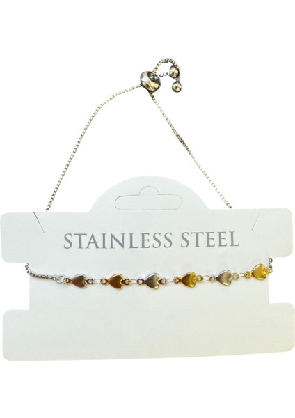 Gümüş Renk Kalp Sarı Beyaz Zincir Asansör Çelik Bileklik - 3586