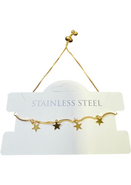 Altın Renk Birbirine Ekli Yıldız Asansör Çelik Bileklik - 3596