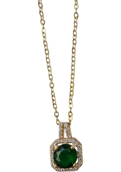 Altın Renk Kare Yeşil Taş Sf Zincir Çelik Kolye - 3661