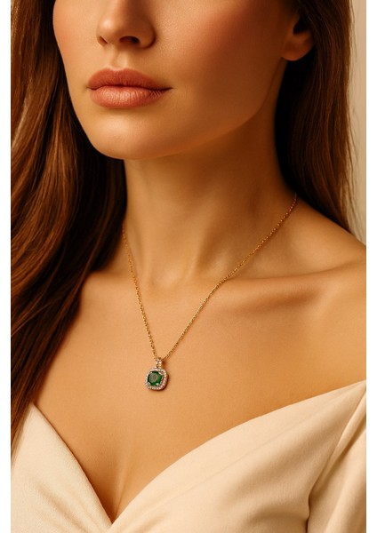 Altın Renk Kare Yeşil Taş Sf Zincir Çelik Kolye - 3661 fiyatları
