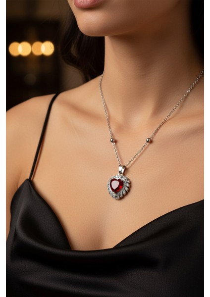Gümüş Renk Bordo Taş Kalp Model Top Zincir Çelik Kolye- 3810