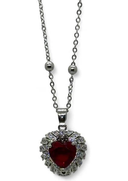 Gümüş Renk Bordo Taş Kalp Model Top Zincir Çelik Kolye- 3810 fiyatları