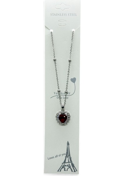 Gümüş Renk Bordo Taş Kalp Model Top Zincir Çelik Kolye- 3810 modelleri