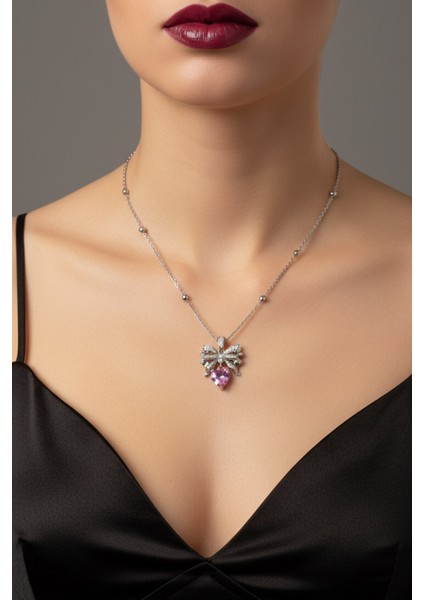 Gümüş Renk Fiyonk Pembe Kalp Model Top Zincir Çelik Kolye- 3765