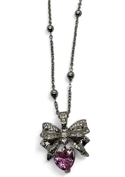 Gümüş Renk Fiyonk Pembe Kalp Model Top Zincir Çelik Kolye- 3765 fiyatları