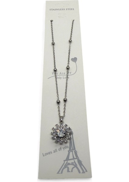 Gümüş Renk Yuvarlak Mekik Taşlı Model Top Zincir Çelik Kolye- 3766 modelleri