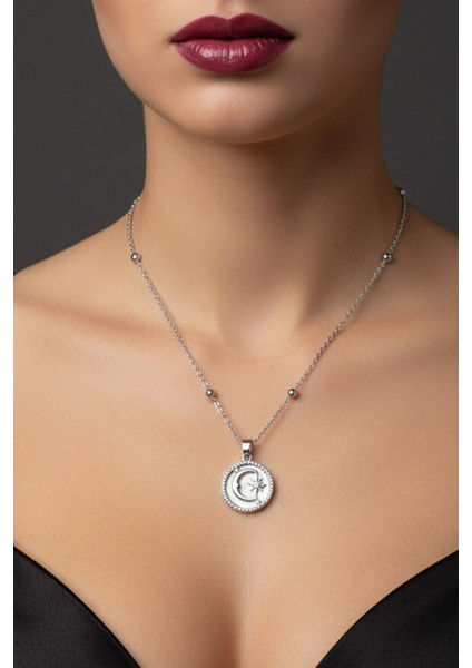 Gümüş Renk Beyaz Mineli Ay Yıldız Model Top Zincir Çelik Kolye - 3775