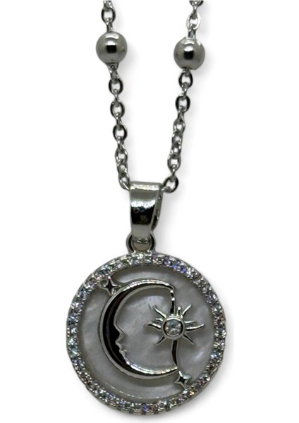 Gümüş Renk Beyaz Mineli Ay Yıldız Model Top Zincir Çelik Kolye - 3775 fiyatları