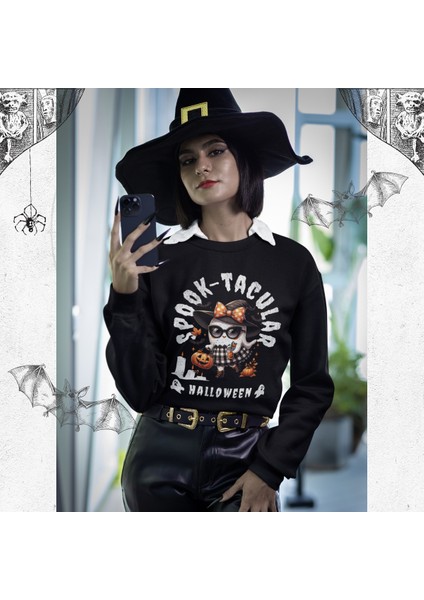Kadın Sweatshirt - Cadılar Bayramı Cadı Desenli. Rahat ve Şık Tasarım