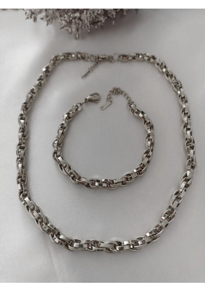 Gümüş Renk Çelik Iç Içe Geçmeli Halat Unisex Kararmaz Kolye ve Bileklik Çelik Set - 3214 fiyatları