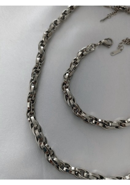 Gümüş Renk Çelik Iç Içe Geçmeli Halat Unisex Kararmaz Kolye ve Bileklik Çelik Set - 3214 modelleri