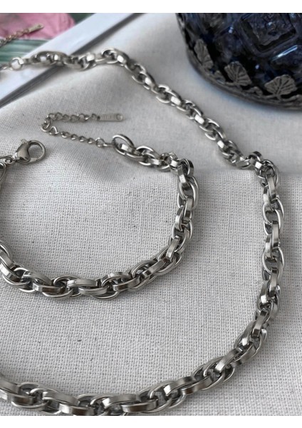 Gümüş Renk Çelik Iç Içe Geçmeli Halat Unisex Kararmaz Kolye ve Bileklik Çelik Set - 3214 fırsatları