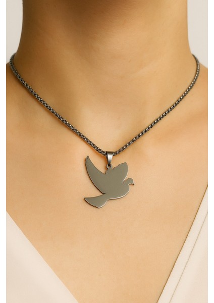 Gümüş Renk Kuş Model Unisex Arnavut Zincir Çelik Kolye - 3309