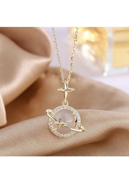 Altın Renk Opal Yıldız Gezegen Satürn Çelik Kolye - 3419