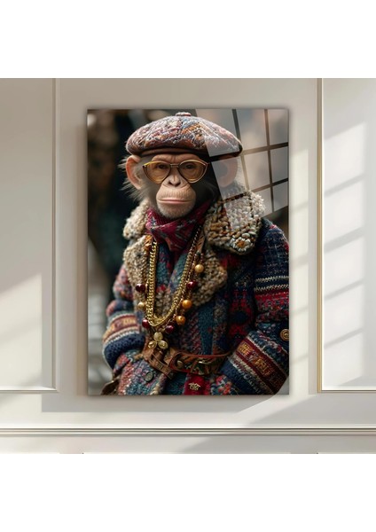 Vintage Giyimli Maymun Cam Baskı Tablo | Mizahi Modern Hayvan Figürlü Duvar Dekoru | Retro Stil Sanat Eseri