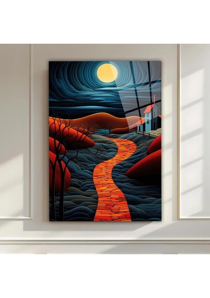 Gece Manzaralı Yol ve Ev Cam Tablo – Ay Işığında Renkli Soyut Duvar Dekoru