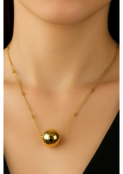 Altın Renk Top Zincir Kadın Küre Uçlu Kadın Kolye Minimal Zincir Çelik Kolye - 3373