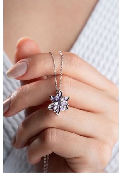 Gümüş Renk Mor Lotus Çiçeği Kolye Paslanmaz Çelik Kolye - 3401