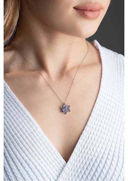 Gümüş Renk Mor Lotus Çiçeği Kolye Paslanmaz Çelik Kolye - 3401 modelleri