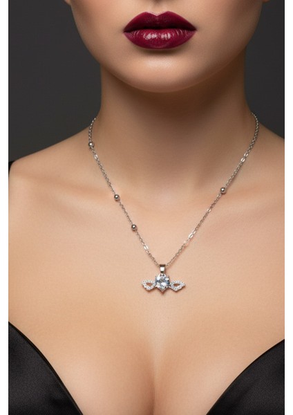 Gümüş Renk Beyaz Kalp Taş Kalp Model Top Zincir Çelik Kolye - 3779
