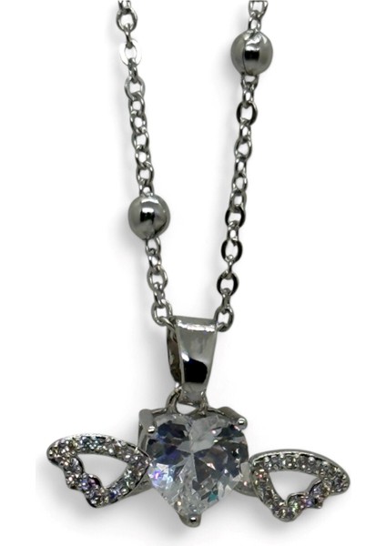 Gümüş Renk Beyaz Kalp Taş Kalp Model Top Zincir Çelik Kolye - 3779 fiyatları