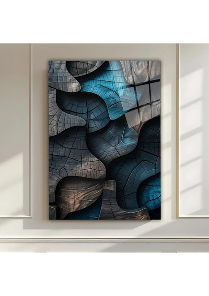 Soyut Mavi Ahşap Desen Cam Tablo | 3D Organik Formlar | Modern Minimal Duvar Dekoru | Doğal Dokulu Sanat