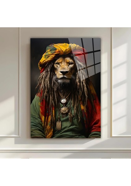 Etnik Renkli Rasta Aslan Cam Baskı Tablo | Bohem Hayvan Figürlü Duvar Dekoru | Modern Tarz Afro Sanat Tablosu