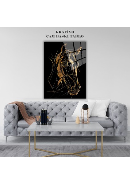 Altın Hatlarla At Figürü Cam Tablo – Modern Hayvan Temalı Dekoratif Cam Poster, Şık ve Minimal Ev Ofis Duvar Sanatı fiyatları