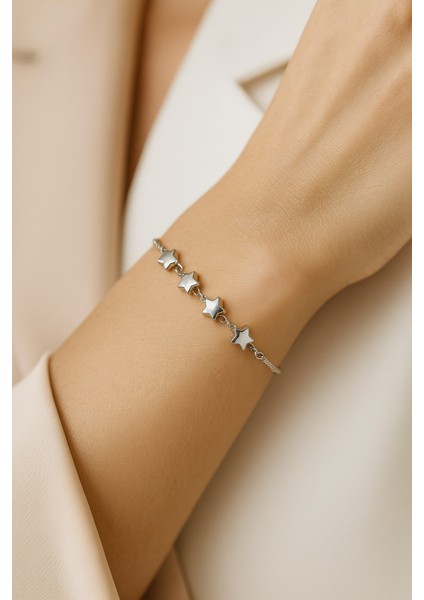 Gümüş Renk Sıralı Yıldız Asansör Çelik Bileklik - 3579