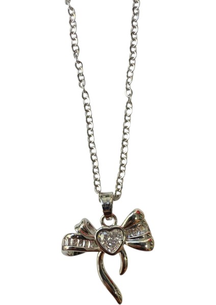 Gümüş Renk Kalp Fiyonk Beyaz Taş Sf Zincir Çelik Kolye - 3652