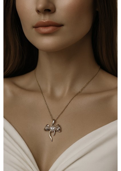 Gümüş Renk Kalp Fiyonk Beyaz Taş Sf Zincir Çelik Kolye - 3652 fiyatları