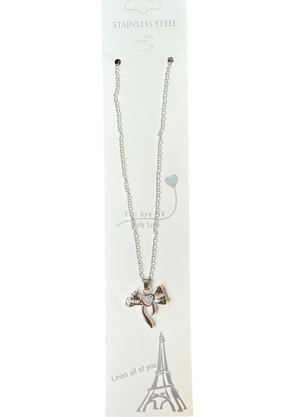 Gümüş Renk Kalp Fiyonk Beyaz Taş Sf Zincir Çelik Kolye - 3652 modelleri