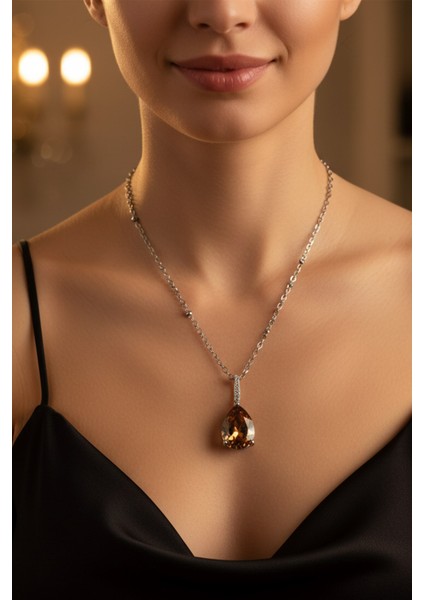Gümüş Renk Sıra Taşlı Amber Damla Model Sf Zincir Çelik Kolye - 3809