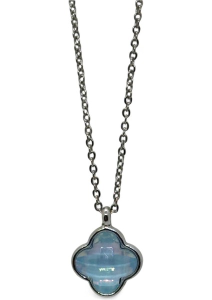 Gümüş Renk Mavimsi Taş Beş Yapraklı Stilize Çiçek Model Sf Zincir Çelik Kolye - 3796 fiyatları