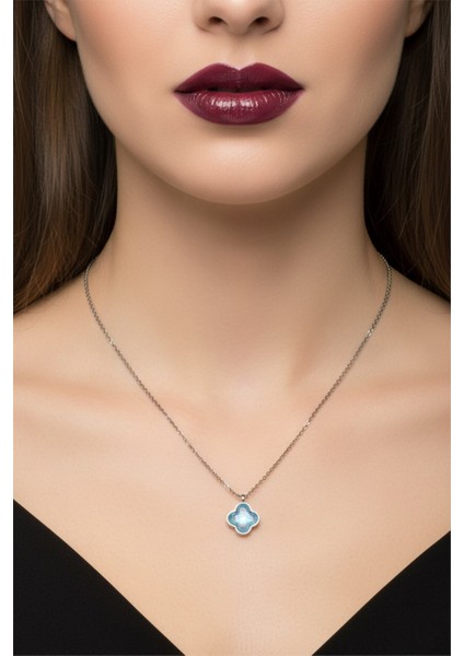 Gümüş Renk Mavimsi Taş Beş Yapraklı Stilize Çiçek Model Sf Zincir Çelik Kolye - 3796 modelleri