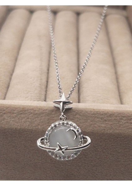 Gümüş Renk Opal Yıldız Gezegen Satürn Çelik Kolye - 3420