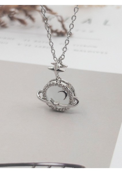 Gümüş Renk Opal Yıldız Gezegen Satürn Çelik Kolye - 3420 modelleri