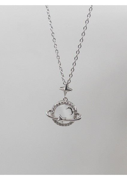 Gümüş Renk Opal Yıldız Gezegen Satürn Çelik Kolye - 3420 fırsatları