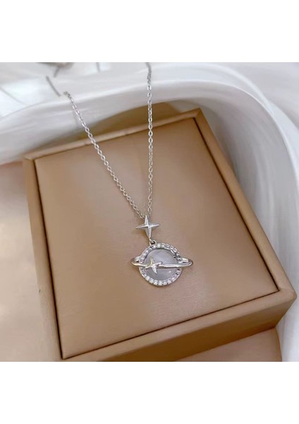 Gümüş Renk Opal Yıldız Gezegen Satürn Çelik Kolye - 3420 indirimleri