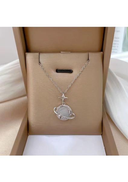 Gümüş Renk Opal Yıldız Gezegen Satürn Çelik Kolye - 3420