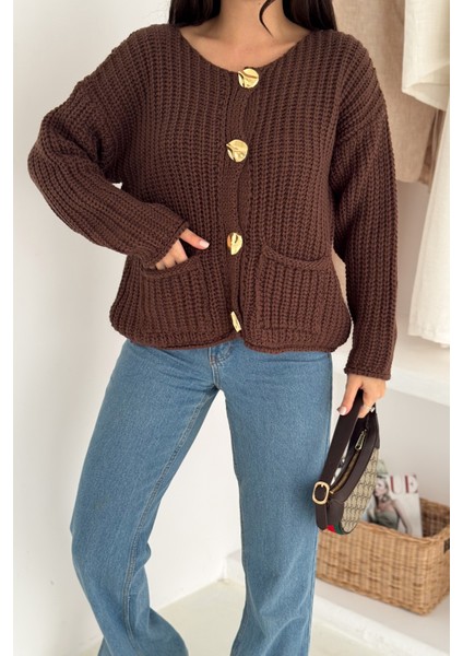 Kadın Altın Düğmeli Dokulu Örgü Hırka – Zarif & Vintage Dokunuş indirimleri