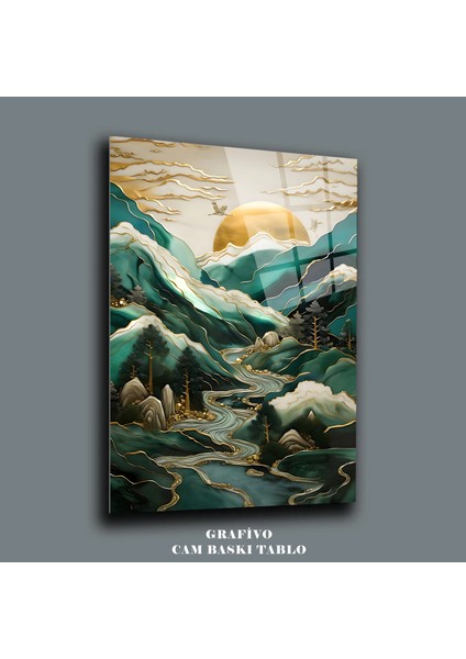 Altın Yeşil Dağ Nehir Cam Tablo | Uzakdoğu Manzara Sanatı | Zen Temalı Lüks Duvar Dekoru