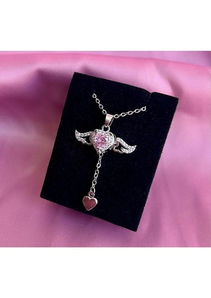 Gümüş Renk Sevgi Meleği Kalp Kanat Kolye Kadın Çelik Kolye - 3413
